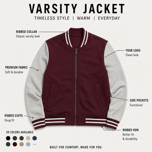 Veste universitaire pour homme, bordeaux et gris, avec fermeture éclair, coupe classique, vêtement d'extérieur en polaire décontracté, pour l'automne - Product Image 6