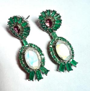 Boucles d'oreilles clous de luxe en argent sterling 925 plaqué rhodium avec diamants, émeraudes naturelles, tourmalines et pierres de lune arc-en-ciel – Cadeau d'anniversaire - Product Image 6