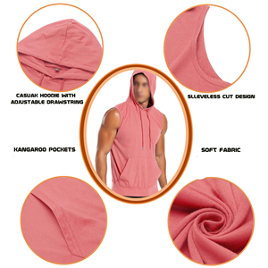Débardeurs à capuche sportifs pour hommes 100 % coton, respirants, tricotés, sans manches, pour la musculation, en mélange de coton basique - Product Image 5