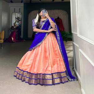 Ensemble Lehenga Choli en soie Kanchipuram cousu main VASTRA COTTAGE avec travail de tissage Zari et dupatta en Georgette, idéal pour les mariages et les occasions festives - Product Image 4