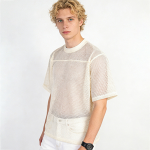 T-shirt en maille tricotée surdimensionné pour homme, manches courtes, col rond, respirant, couleur unie, 100% coton, blanc - Product Image 6