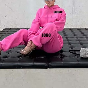 ชุดเสื้อฮู้ดสีชมพูและกางเกงจ็อกเกอร์สำหรับผู้หญิง สีพื้น ทรงหลวม เอวผูกเชือก ชุดลำลอง - Product Image 2