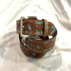 Hand Carved Luxury Genuine <b>Leather</b> Western Tooled <b>Belt</b> Hand Painted Floral Embossed Customized Tooling <b>Belt</b> With Silver Buckle - Product Image 1