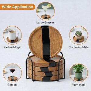Juego de 4 Posavasos Redondos de Resina y Madera con Diseño Art Deco, con Soporte Metálico, Hechos a Mano, Decoración para Mesa - Product Image 6