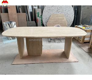 Ensemble de table à manger en forme de bateau en travertin de style moderne table centrale en béton avec pierre de travertin sculptée pour le café et le dîner - Product Image 6