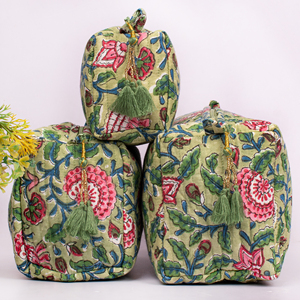 Set Of Three Fabric Makeup <b>Bag</b> Cotton Quilted Block Printed Zipper Closer Gift For Her Handmade Toiletry Cosmetic <b>Bags</b> Pouches - Product Image 2