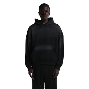 Sudadera con capucha oversize negra para hombre, con efecto desgastado por el sol, de forro polar, con bolsillo canguro y hombros caídos, estilo streetwear, al por mayor - Product Image 2