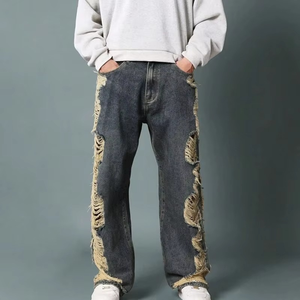 Jean baggy déchiré pour homme, coupe large, bords effilochés, style Y2K streetwear, denim délavé, coupe ample - Product Image 1