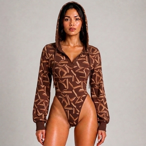 OEM Custom <b>Women</b>’s Comfortable Hooded Polyester/Cotton Long Sleeve <b>Bodysuit</b> Customized Casual Soft Feel Fashionable Jumpsuits - Product Image 1