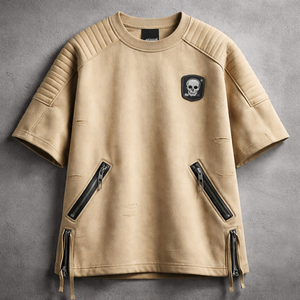 เสื้อยืดผู้ชายทรงสปอร์ตแบบ Biker ซิปหน้า ผ้าแคนวาสคอตตอน 100% ย้อมเส้นด้าย หนา ทนทาน เป็นมิตรต่อสิ่งแวดล้อม ระบายอากาศด้านหน้า ทรงหลวมไหล่ตก - Product Image 1