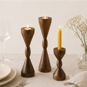 Handcrafted Mid-Century Modern Wooden Candle Holder Set Minimalist Sculptural Walnut Finish Candlestick Stands For Home Decor - Product Image 2