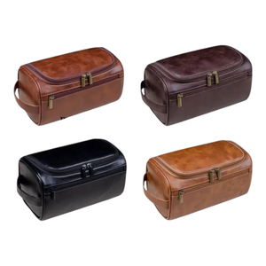 Genuine Leather Zipper Portable Vintage Cosmetic Bag for Men Women Soft Handle Durable Large Capacity Geometric Pattern - Product Image 1