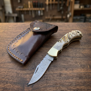 Cuchillo plegable de bolsillo de acero damasco inoxidable con punta de lanza y mango de hueso, diseño de hoja única de apertura deslizante para uso en exteriores y bricolaje - Product Image 5