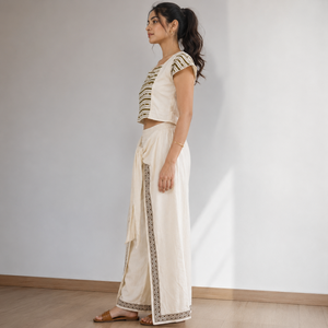 Pantalon Palazzo Femme Ivoire Ample à Jambes Larges avec Ceinture à Nouer, Bordure Géométrique, Taille Élastique, Style Bohème pour l'Été, la Plage et les Vacances, Coupe Décontractée - Product Image 2