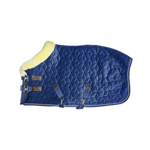 Couverture pour cheval imperméable bleue matelassée à imprimé étoiles avec doublure en polaire et ferrures en laiton pour une utilisation en extérieur en hiver - Product Image 1
