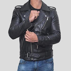 Blouson de motard personnalisé pour homme en cuir véritable noir, coupe ajustée, style punk, fermeture éclair asymétrique, en peau de mouton souple - Product Image 3