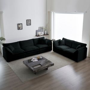 Set di Divani Moderni 2+3 Posti con Seduta Profonda in Ciniglia Nera per Soggiorno, Elegante Set di 2 Divani - Product Image 2