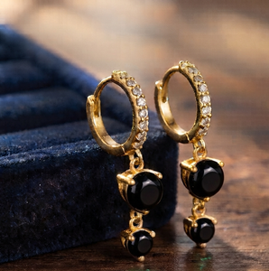 18K Gold Plated 925 Sterling <b>Silver</b> Zircon <b>Hoop</b> <b>Earrings</b> Geometric Black Stone Pendant Jewelry Trendy Gift for Women Party - Product Image 1