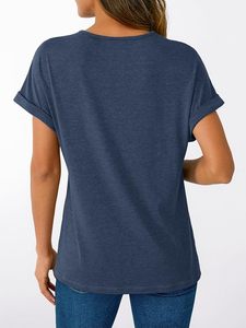 Women's <b>Navy</b> Blue V-Neck Short Sleeve Knitted T-Shirt With Button Detail Loose Fit Casual Solid Color Spring Summer <b>Top</b> - Product Image 4
