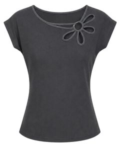 Camiseta Informal para Mujer, Color Gris Oscuro, con Cuello de Flores, Suave y Transpirable, Blusa de Verano de Manga Corta, Personalizada por el Fabricante - Product Image 1