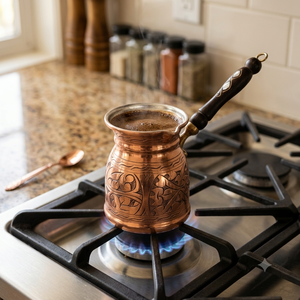 Cafetera turca de cobre de lujo con grabado floral, Cezve, con mango de madera con incrustaciones de nácar, para estufa, Briki griega - Product Image 3