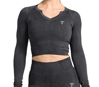 Conjunto Deportivo Ecológico y Transpirable para Mujer, Top Corto de Manga Larga con Cuello Redondo y Orificios para Pulgares, Corte Regular, Spandex/Poliéster de Secado Rápido