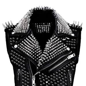 Men's Moto Biker Style Woolen Genuine Leather <b>Vest</b> Rivets Spikes Turn-down Collar Zipper Closure Winter Outer Wear Windproof - Product Image 3
