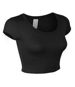 Women's <b>Black</b> Scoop Neck <b>Crop</b> <b>Top</b> <b>Short</b> <b>Sleeve</b> Slim Fit Casual Knitted Spandex Polyester Breathable Spring Summer Wear - Product Image 2