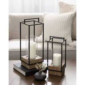 Portavelas Rectangular de Metal Negro con Base de Madera para Decoración del Hogar - Product Image 1