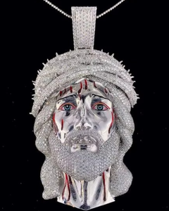 Pendentif Visage de Christ en Argent 925 Moissanite Sertie de Pierres, Breloque Thème Religieux, Pendentif Hip Hop, Pendentif Foi Chrétienne - Product Image 1