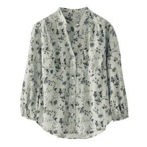 <b>Women's</b> Black V-neck Linen <b>Blouse</b> Loose Fit <b>Long</b> Conventional Sleeve Button Solid Bohemian Casual Shirt - Product Image 3