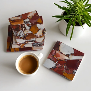 Posavasos de jaspe mookaite natural con forma cuadrada marrón y dorada, posavasos para taza de té de la mejor calidad a precio económico. - Product Image 4