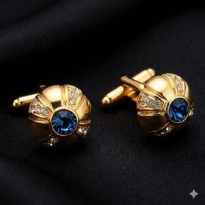 Boutons de manchette ronds en laiton doré avec pierres serties pour homme – Bijoux de luxe pour mariages et événements formels – Idée cadeau - Product Image 4