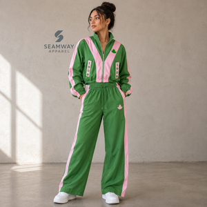 Alfa |   Kapa |   Conjunto Deportivo Alpha para Mujer, Chaqueta con Cierre y Pantalones Deportivos de Pierna Ancha en Bloques de Color Verde y Rosa - Product Image 5