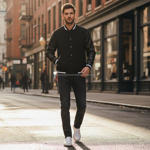 แจ็กเก็ตผ้าฟลีซสำหรับผู้ชายผ้าคอตตอนผ้ากำมะหยี่ปักด้วยหนังพียูหนังวีแกน - Product Image 5