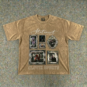 Camiseta de Algodón Grueso Marrón Personalizada para Hombre, Estilo Urbano, con Estampado Gráfico Artístico en Formato de Marco de Galería y Marca de Lujo - Product Image 5