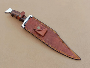 Couteau de chasse en acier à haute teneur en carbone, lame fixe, pointe clip, manche en bois de rose, étui en cuir, qualité industrielle, épaisseur 5 mm, garantie 1 an - Product Image 5