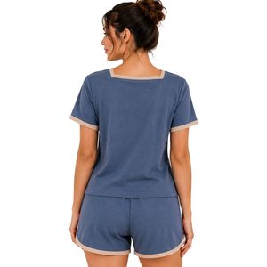 Blue And Beige Women Two Piece Shorts Set Square Neck Button <b>Top</b> Graphic Print Contrast Trim Casual Summer Cotton Lounge Wear - Product Image 2