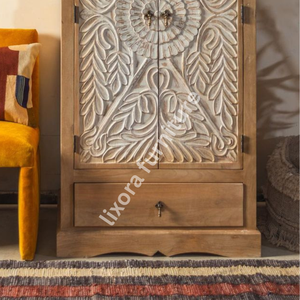 Luxury Handcrafted Solid Wood 2 Door <b>Wardrobe</b> Ornate Leaf Mandala Carving Natural Finish Armoire - Product Image 3