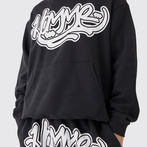 Ensemble de sweat-shirt à capuche noir pour homme, streetwear, manches longues, coupe ample, coton, ensemble de survêtement deux pièces avec impression de logo blanc - Product Image 5