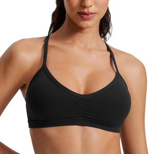 Women Black Seamless Sports Bra V-neck Spaghetti Strap <b>Ruched</b> Breathable Activewear Yoga Top Solid Color Front Logo 1-Piece - Product Image 5