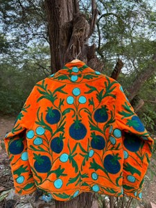 Veste Bohème Brodée Oranges, Fleurs et Grenades, Motif Artistique Bleu, Style Suzani, Art Populaire, Blazer Hiver Botanique - Product Image 6
