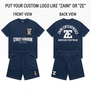 ชุดเสื้อยืดและกางเกงขาสั้นผู้ชาย ผ้าคอตตอนเจอร์ซีย์พรีเมียม 240 GSM สีกรมท่า สตรีทแวร์ สกรีนลายปักโลโก้ตามสั่ง ชุดสองชิ้น - Product Image 1
