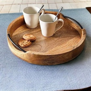 Premium Round Wooden Serving <b>Tray</b> with Metal Handle | Acacia Wood Coffee & Breakfast <b>Tray</b> | Modern Rustic Home <b>Decor</b> - Product Image 6