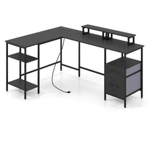 Reversible L-Shaped Corner <b>PC</b> Desk with 4-Position Adjustable Shelf Foldable Fabric Drawers Charging Station Monitor <b>Stand</b> - Product Image 2