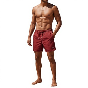 Men's <b>Red</b> Solid Color Quick Dry Canvas 100% Polyester Front Logo Elastic Waist Mid Casual Board Shorts - Product Image 6