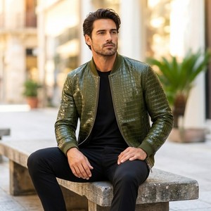 Blouson Bomber en Cuir Croco 100% Original pour Homme – Été, Imperméable, Respirant, Coupe-Vent, Style Vintage, Dos et Col - Product Image 2