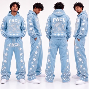 Conjunto de 2 piezas para hombre: Sudadera con capucha holgada con estampado gráfico de estrellas y pantalones de chándal acampanados de felpa gruesa, color rosa pastel vintage. - Product Image 3