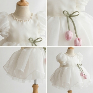 Robe de Soirée de Luxe Enchantée pour Bébé, Robe de Princesse en Organza et Tulle Ivoire, Manches Bouffantes, Col Perlé, Applique Tulipe 3D, Boutique Enfants - Product Image 3