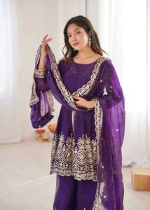 Indian Exporter Traditional Indian <b>Top</b> Plazzo Set Dupatta Pure Silk Knee-Length Parties Celebrations Natural Waist - Product Image 4